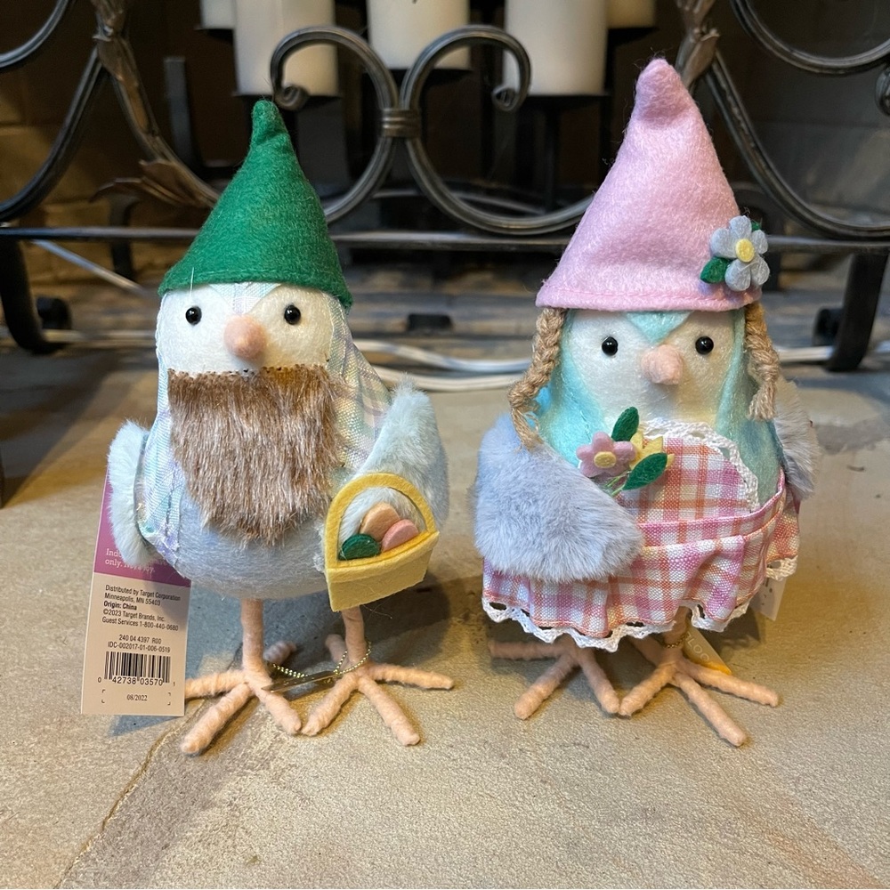 NWT Spring Set of Two Boy and Girl Gnome Felt Bird Decor